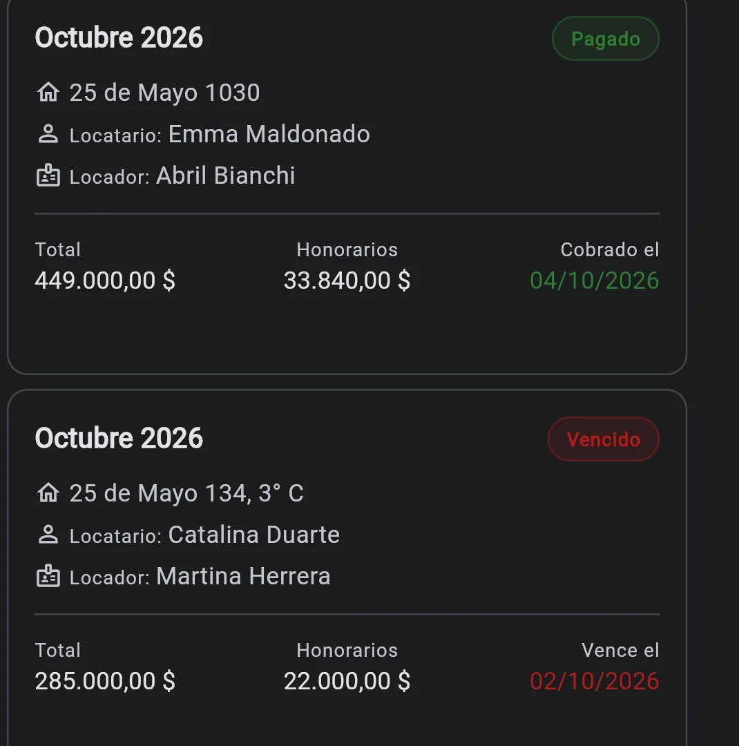 Pantalla de cobros de Inmobiliaria Franco Acosta. Datos ficticios por confidencialidad.
