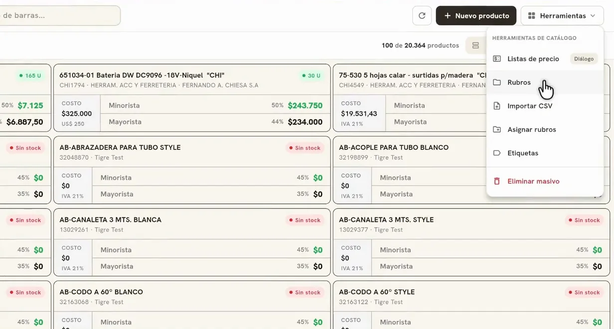 Pantalla real de inventario del ERP La Arboleda: productos, existencias y precios de demostración.
