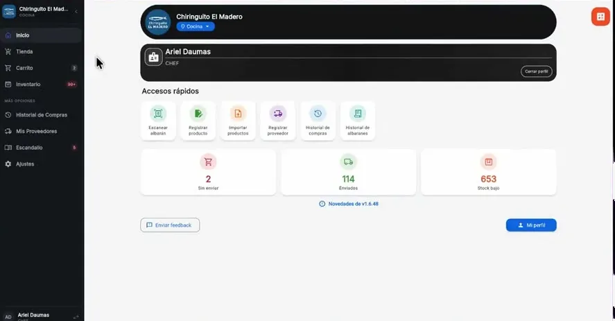 Pantalla de Central de Compras con accesos a proveedores, productos y pedidos.